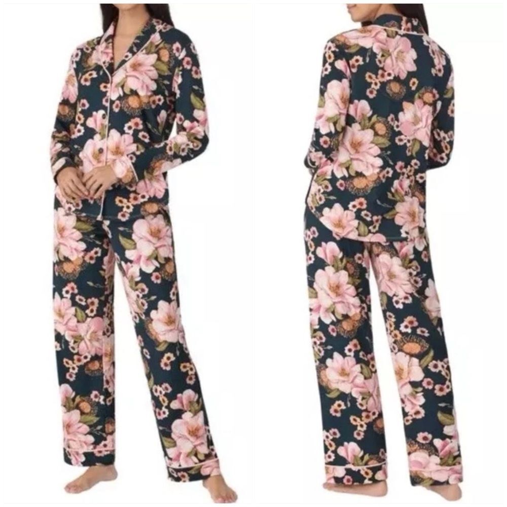 Room Service Shawl Collar Floral Pajama Set Pink Black Green Style XXL